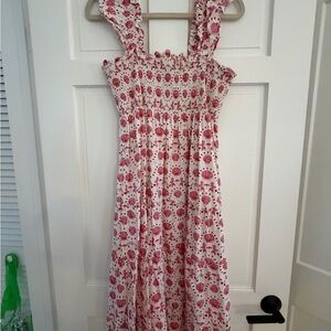 Hill House Nap Dress in White with Pink & Red Seashell Print